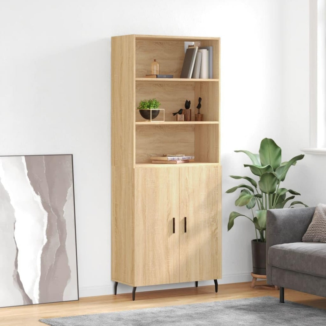 Die Gestaltung von dem Hochschrank wird durch Holzwerkstoff gepraegt in Eichenbraun