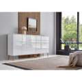 Das Sideboard zeigt matte Oberflaechen in Weiss und Eichenbraun